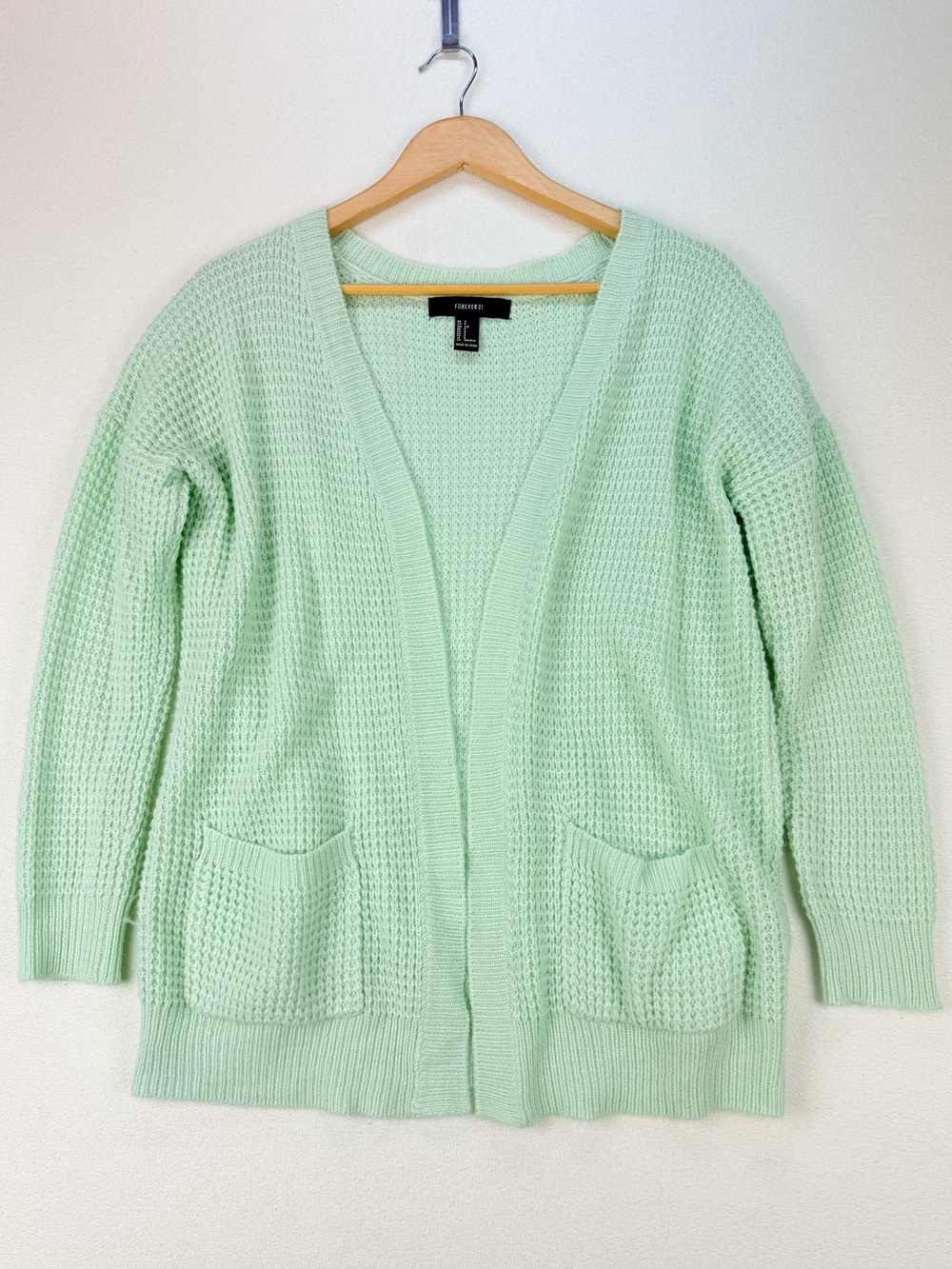 Forever 21 Mint Green Waffle-Knit Open Front Cardigan
